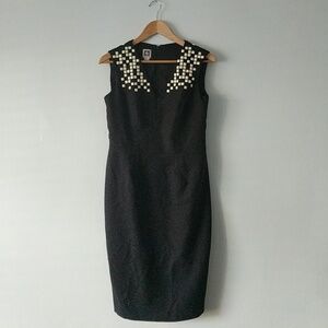 Anne Klein Black Beaded Collar Sheath Work Dress